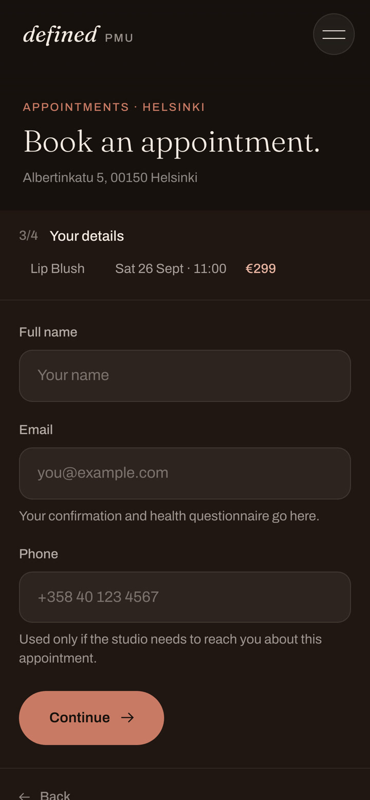 Booking step three of four on a phone: your details, with the chosen treatment, date, time and price shown above the name, email and phone fields.