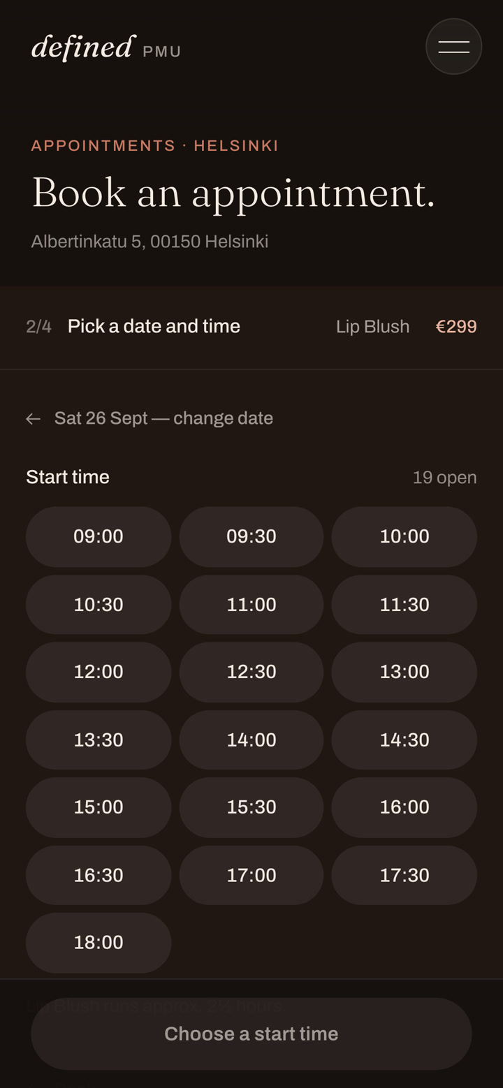 Booking step two of four on a phone: pick a date and time, showing nineteen open start times for a chosen Saturday.