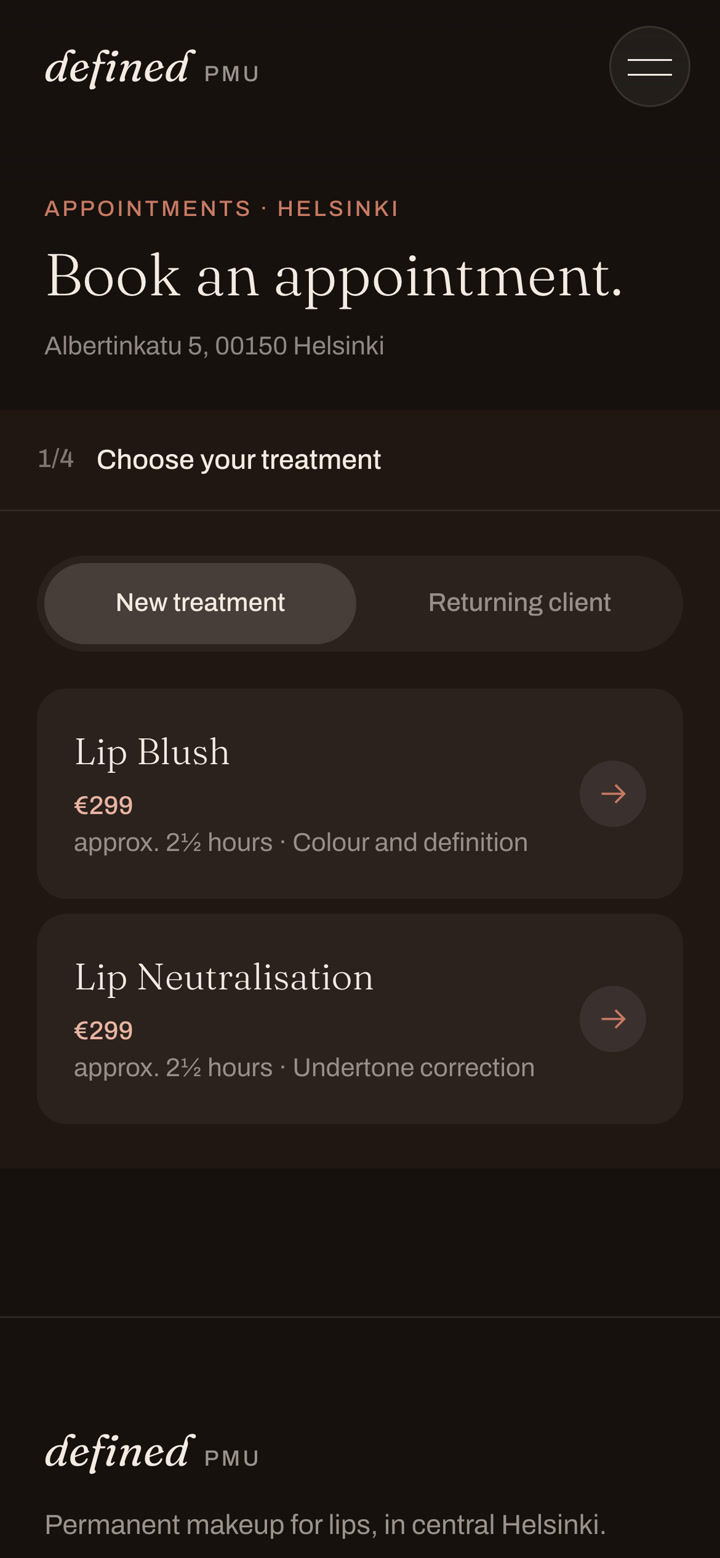 Booking step one of four on a phone: choose your treatment, with lip blush and lip neutralisation listed with their prices and durations.