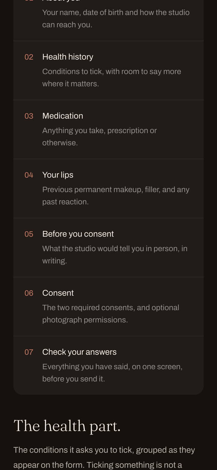 The health questionnaire page on a phone, listing the seven steps of the form a client completes before an appointment.