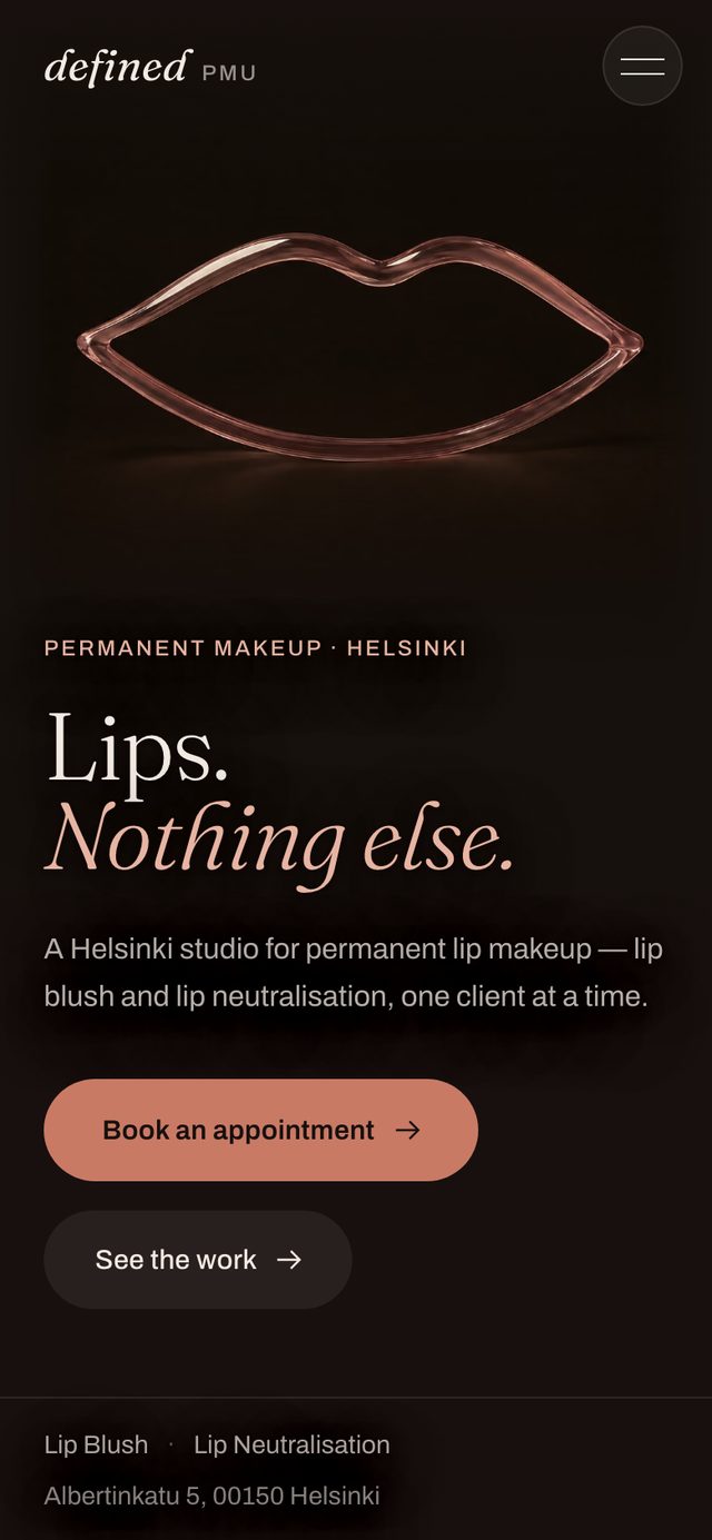 The Defined PMU homepage on a phone: the headline Lips. Nothing else., and a Book an appointment button.